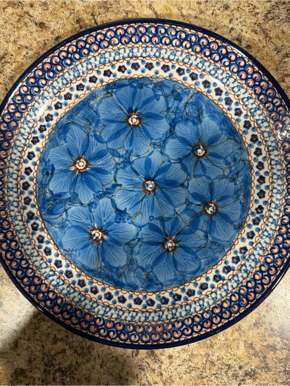 Polish Pottery Blue Floral Ceramic Dinner Plate - 10” Handcrafted Design